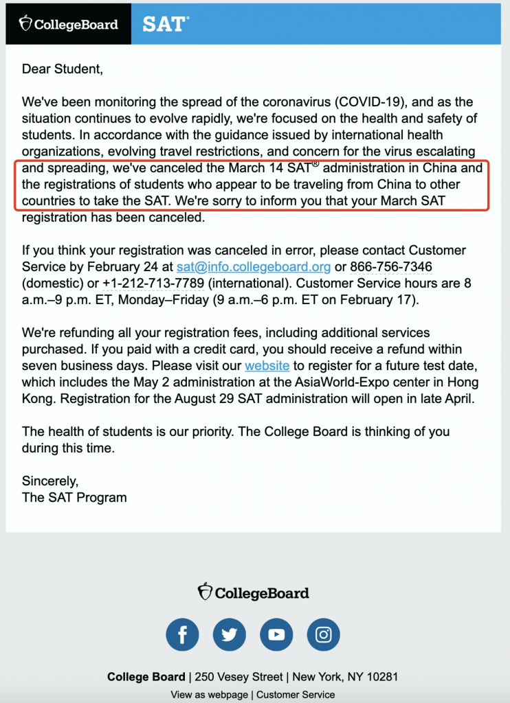 突发！受新冠病毒影响，中国赴境外参加3月SAT考试的考生被取消考试！