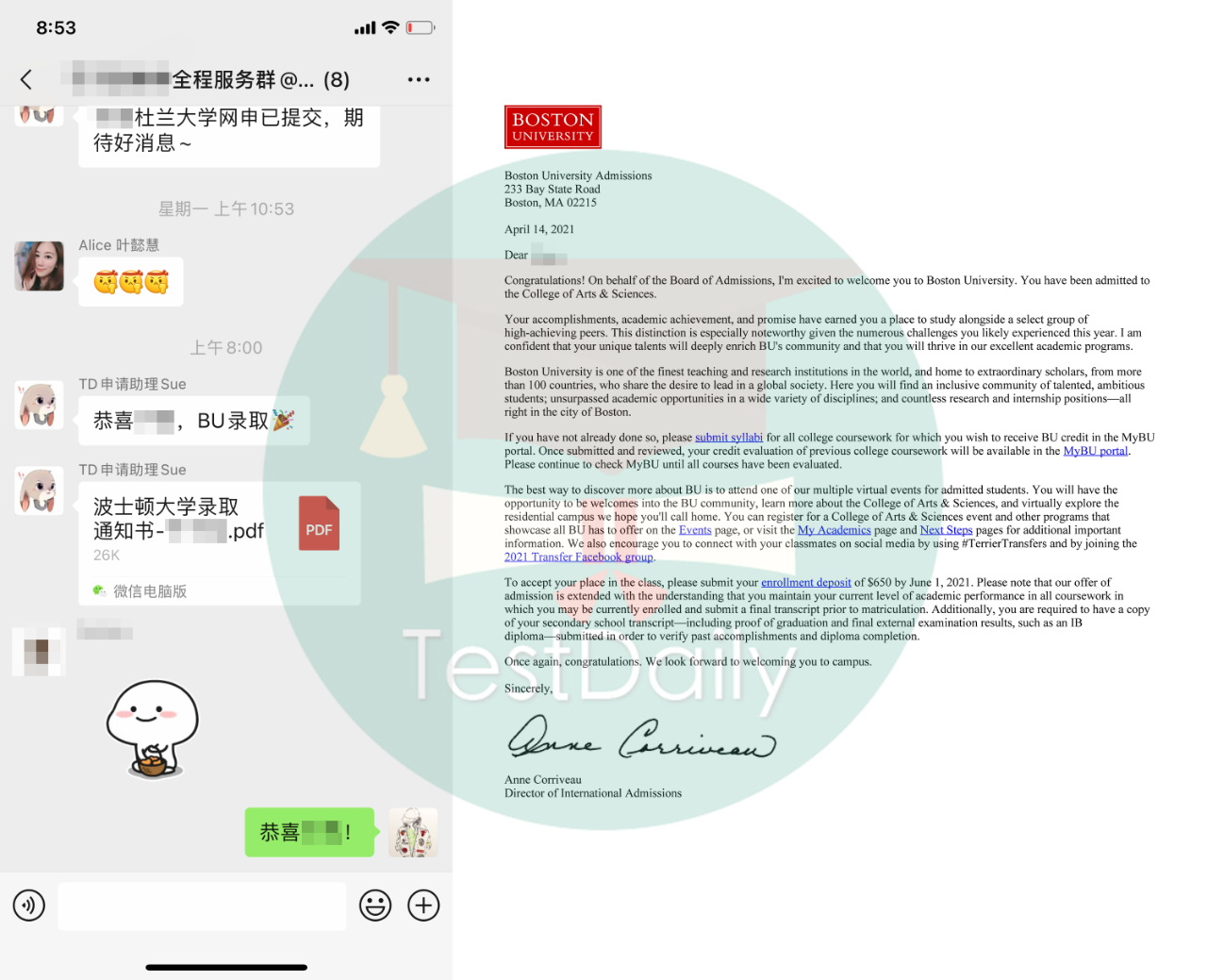 厚朴优学留学申请中介怎么样？-TD喜报,今日收获5枚波士顿大学转学录取offer！