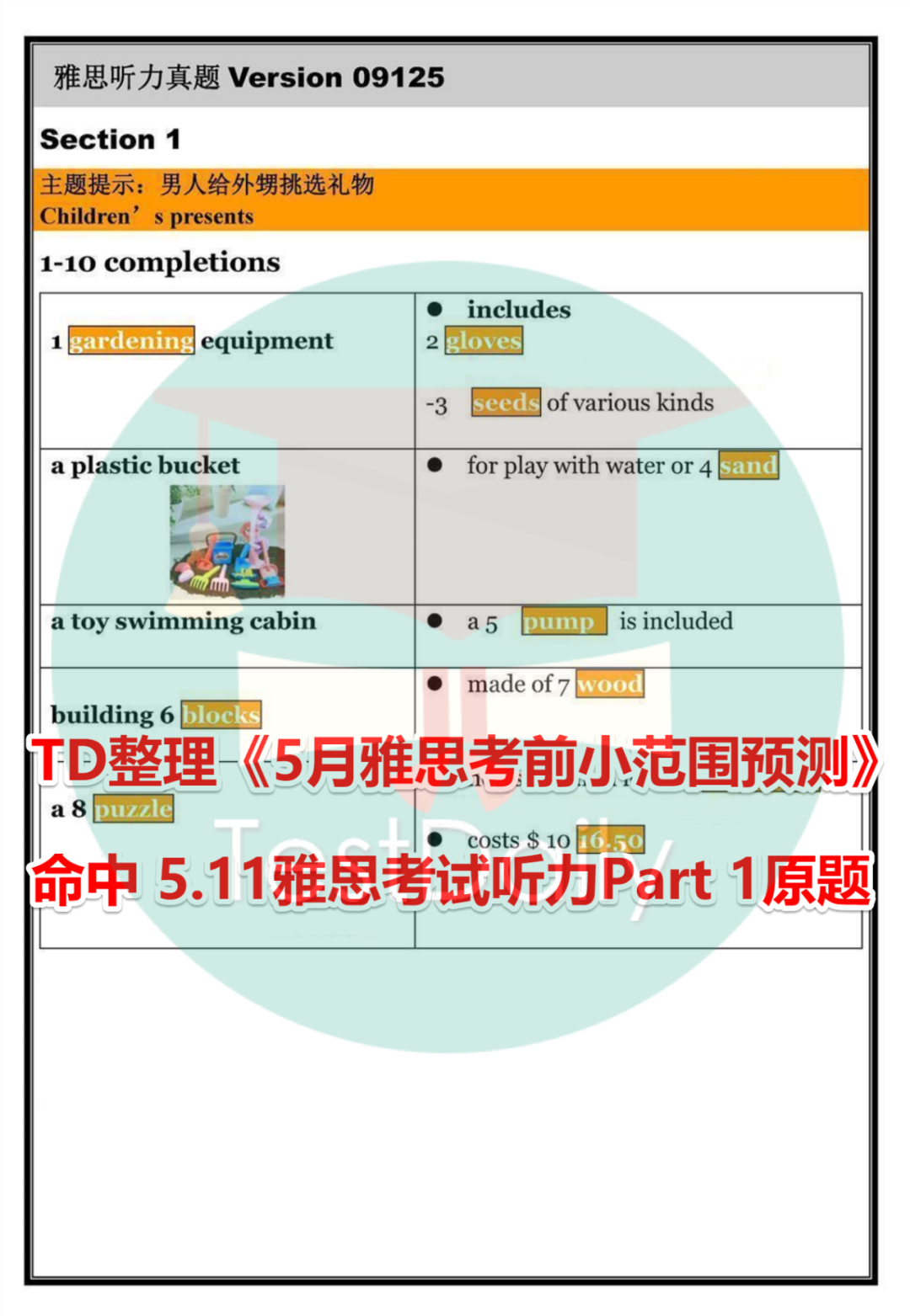 TD命中2024年5月11日雅思考试听力Part1原题