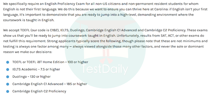 北卡罗来纳大学教堂山分校语言成绩要求