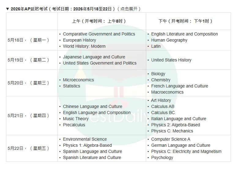 2026年AP中国香港延迟考期